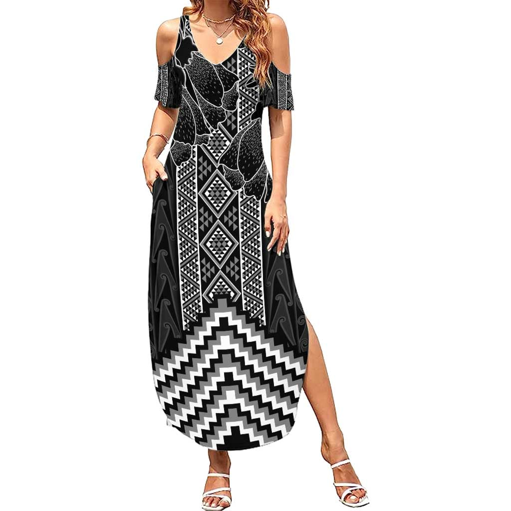 Aotearoa Taniko Pattern Family Matching Summer Maxi Dress and Hawaiian Shirt Poutama Mix Kowhai Flowers LT7 Mom's Dress Grey - Polynesian Pride