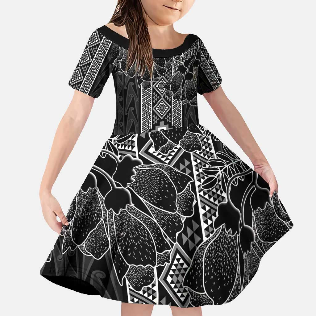 Aotearoa Taniko Pattern Family Matching Tank Maxi Dress and Hawaiian Shirt Poutama Mix Kowhai Flowers LT7 Daughter's Dress Grey - Polynesian Pride