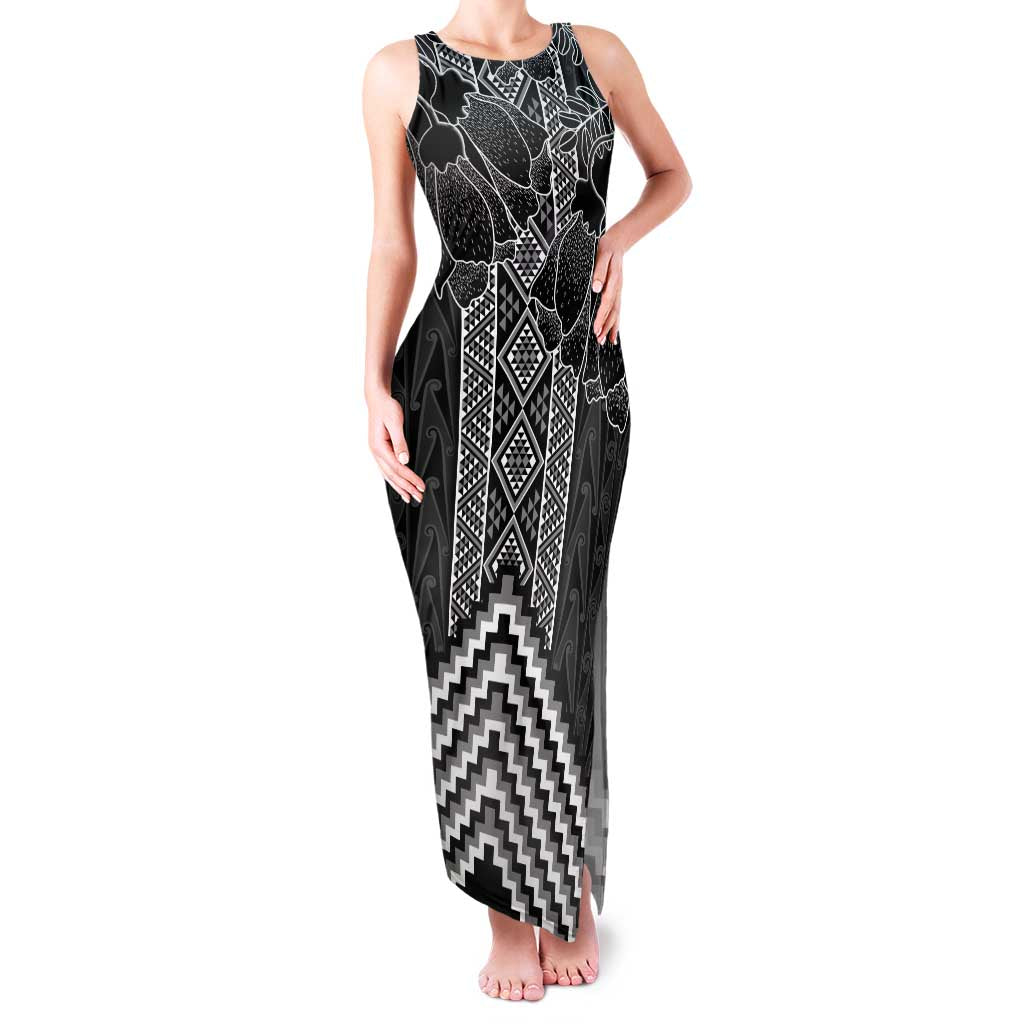 Aotearoa Taniko Pattern Family Matching Tank Maxi Dress and Hawaiian Shirt Poutama Mix Kowhai Flowers LT7 Mom's Dress Grey - Polynesian Pride
