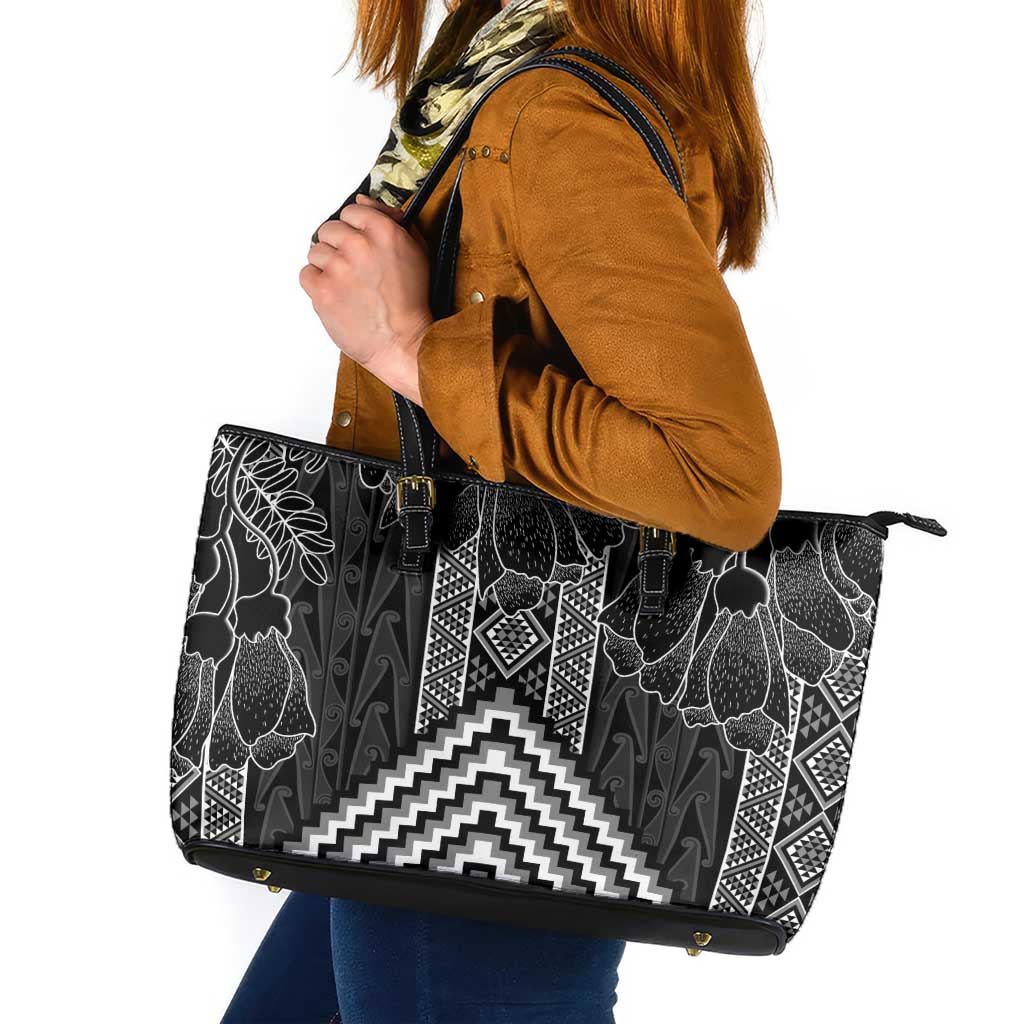 Aotearoa Taniko Pattern Leather Tote Bag Poutama Mix Kowhai Flowers LT7 Grey - Polynesian Pride