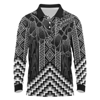 Aotearoa Taniko Pattern Long Sleeve Polo Shirt Poutama Mix Kowhai Flowers LT7 Grey - Polynesian Pride