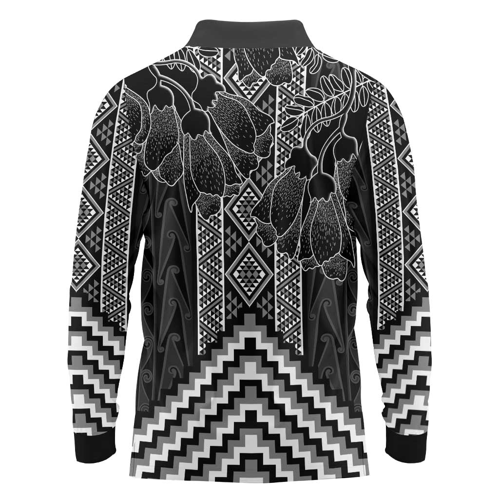 Aotearoa Taniko Pattern Long Sleeve Polo Shirt Poutama Mix Kowhai Flowers LT7 - Polynesian Pride