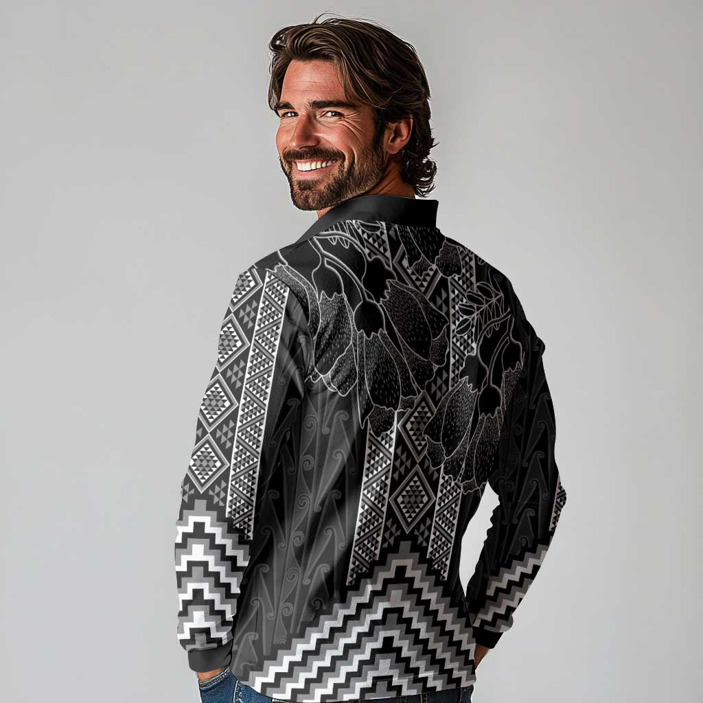 Aotearoa Taniko Pattern Long Sleeve Polo Shirt Poutama Mix Kowhai Flowers LT7 - Polynesian Pride