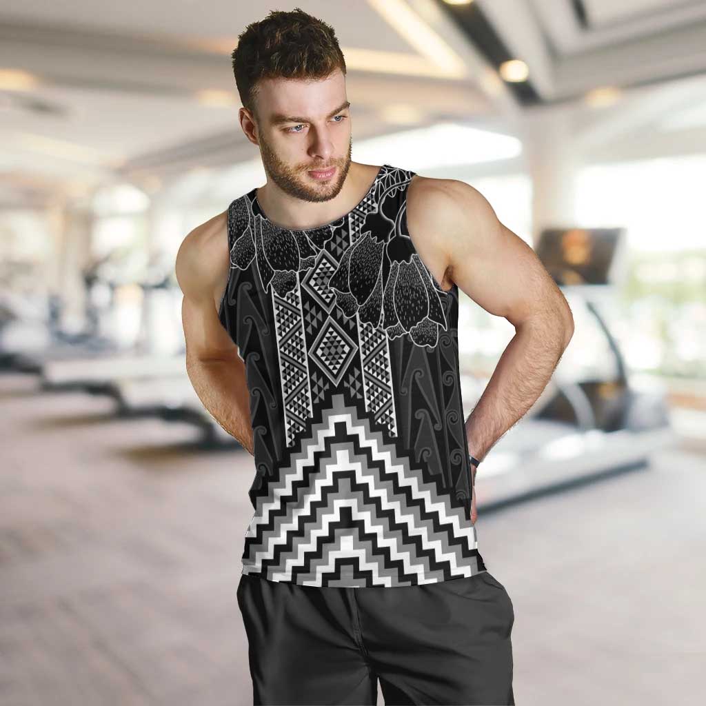 Aotearoa Taniko Pattern Men Tank Top Poutama Mix Kowhai Flowers LT7 Grey - Polynesian Pride
