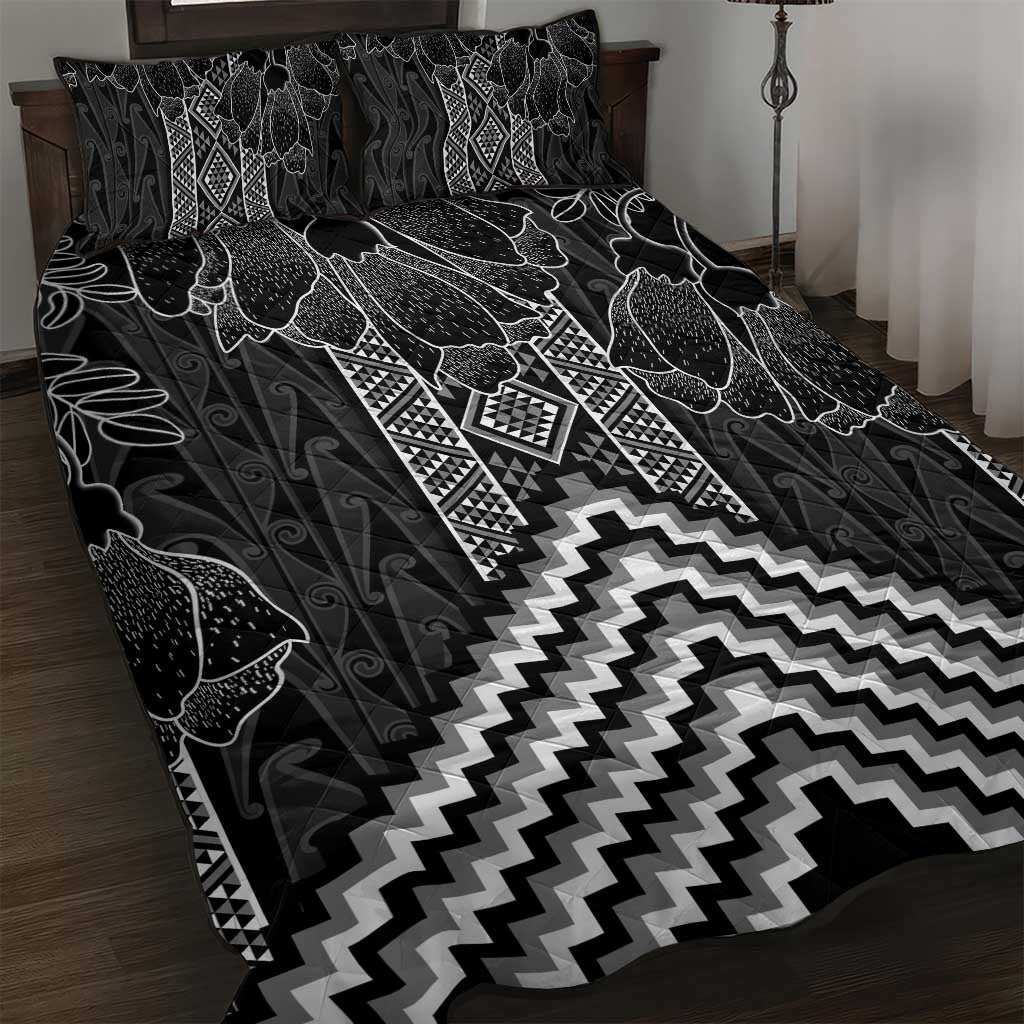 Aotearoa Taniko Pattern Quilt Bed Set Poutama Mix Kowhai Flowers LT7 Grey - Polynesian Pride