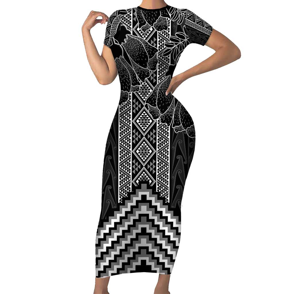Aotearoa Taniko Pattern Short Sleeve Bodycon Dress Poutama Mix Kowhai Flowers LT7 Long Dress Grey - Polynesian Pride
