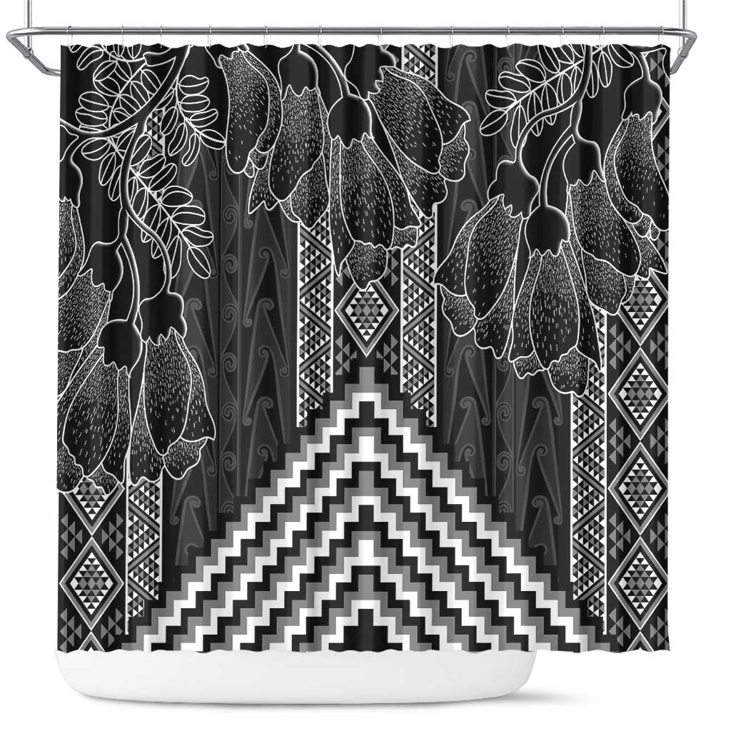 Aotearoa Taniko Pattern Shower Curtain Poutama Mix Kowhai Flowers LT7 Grey - Polynesian Pride