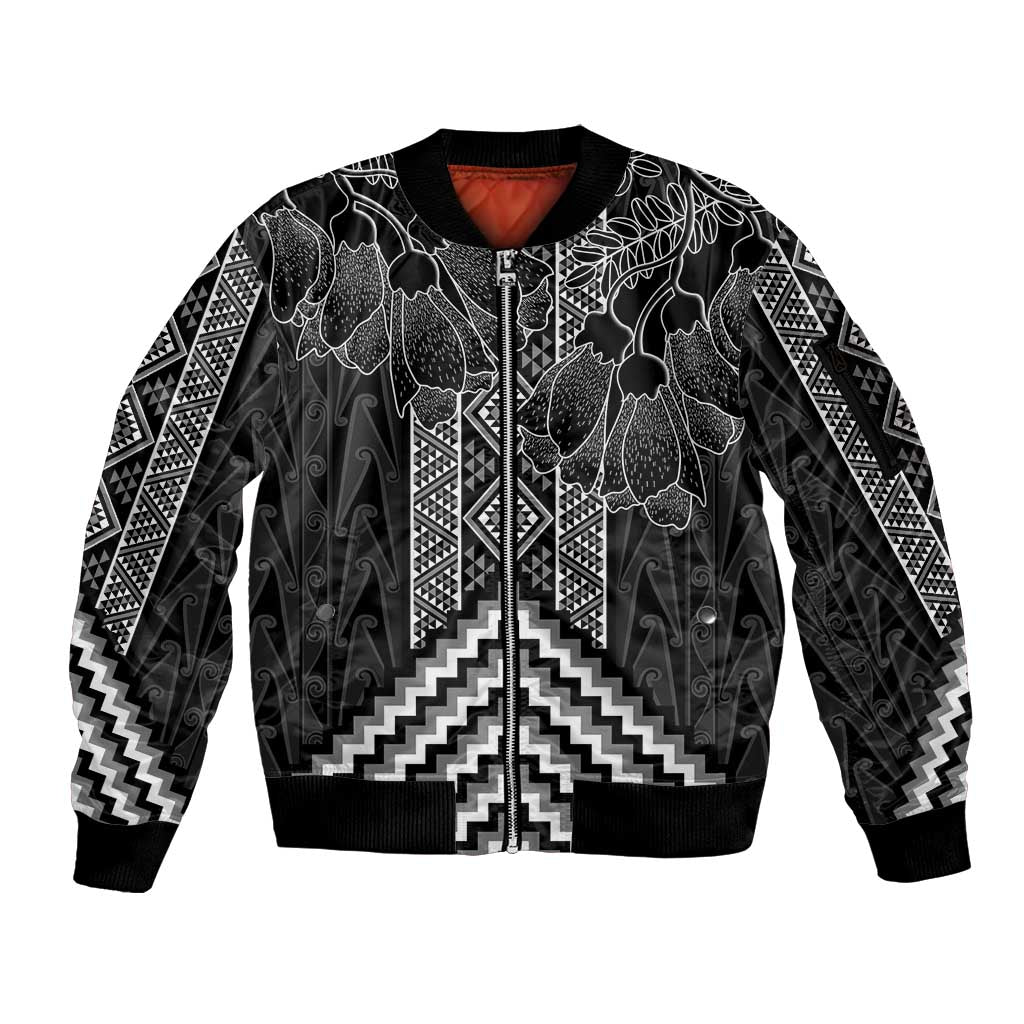 Aotearoa Taniko Pattern Sleeve Zip Bomber Jacket Poutama Mix Kowhai Flowers LT7 Unisex Grey - Polynesian Pride