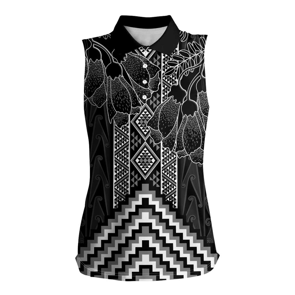 Aotearoa Taniko Pattern Women Sleeveless Polo Shirt Poutama Mix Kowhai Flowers LT7 Female Grey - Polynesian Pride