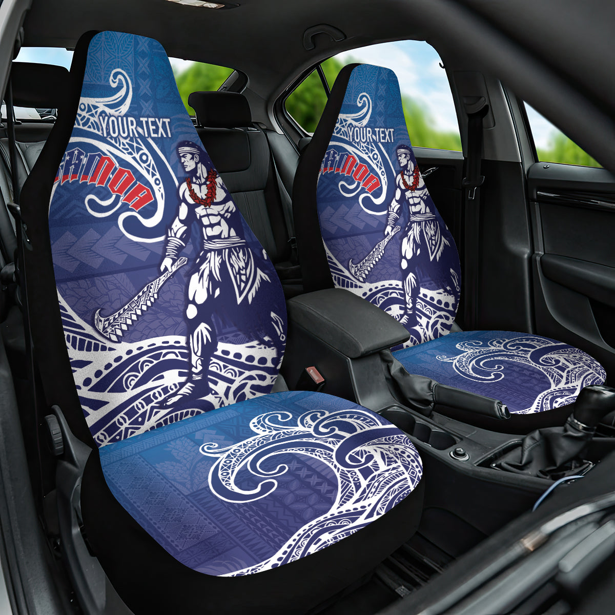 Samoa Manuia le Aso Tuto'atasi Siapo Motif Car Seat Cover Warrior with Nifo Oti LT7 One Size Blue - Polynesian Pride