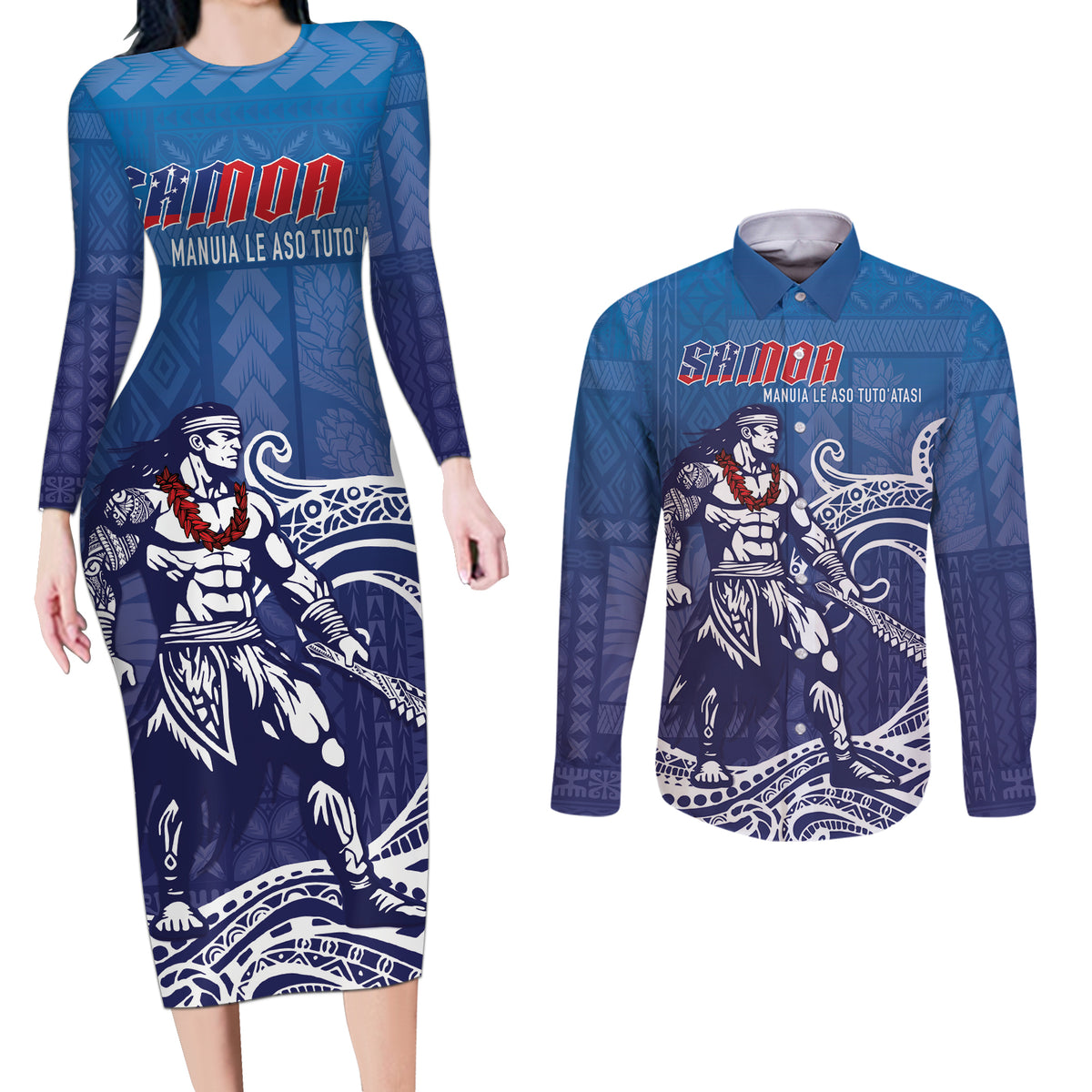 Samoa Manuia le Aso Tuto'atasi Siapo Motif Couples Matching Long Sleeve Bodycon Dress and Long Sleeve Button Shirt Warrior with Nifo Oti LT7 Blue - Polynesian Pride