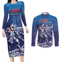 Samoa Manuia le Aso Tuto'atasi Siapo Motif Couples Matching Long Sleeve Bodycon Dress and Long Sleeve Button Shirt Warrior with Nifo Oti LT7 Blue - Polynesian Pride