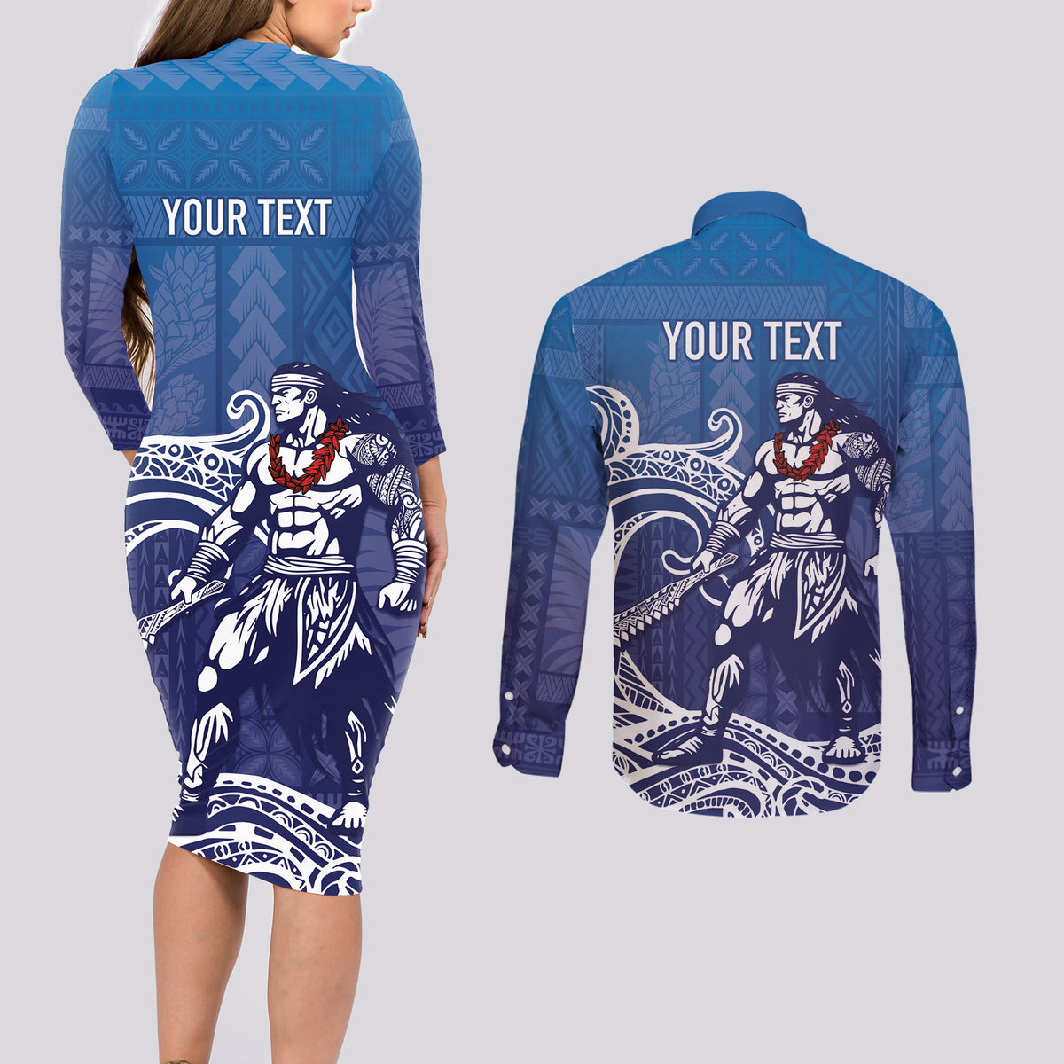 Samoa Manuia le Aso Tuto'atasi Siapo Motif Couples Matching Long Sleeve Bodycon Dress and Long Sleeve Button Shirt Warrior with Nifo Oti LT7 - Polynesian Pride