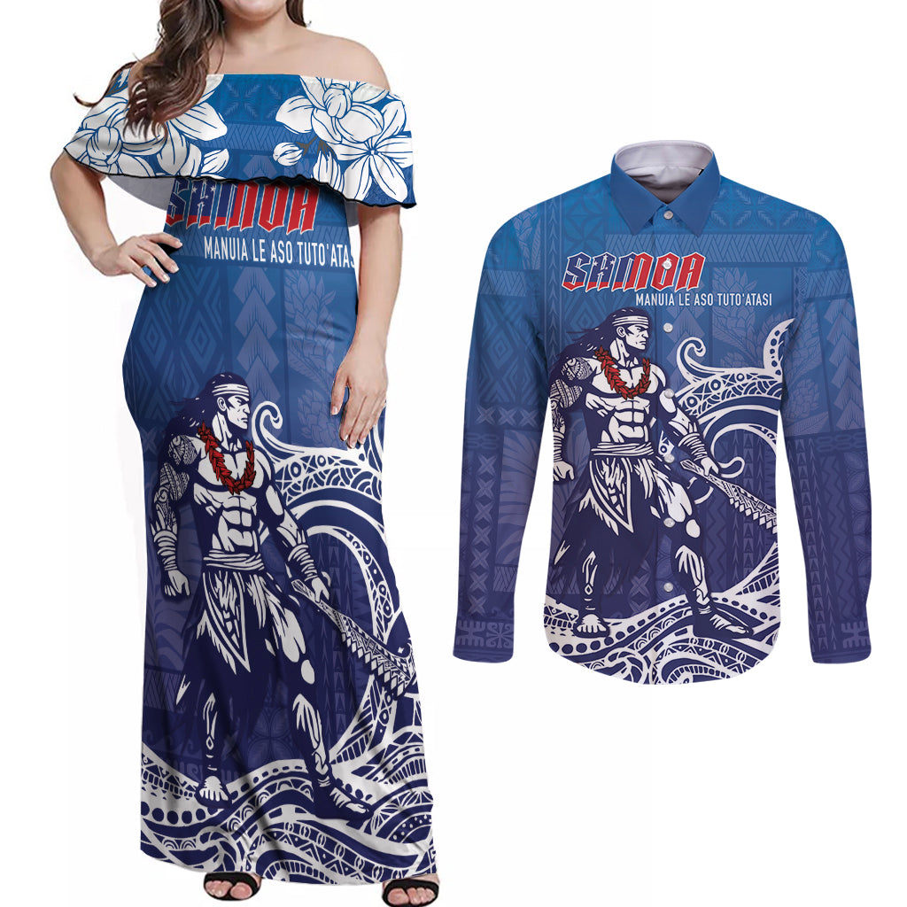 Samoa Manuia le Aso Tuto'atasi Siapo Motif Couples Matching Off Shoulder Maxi Dress and Long Sleeve Button Shirt Warrior with Nifo Oti LT7 Blue - Polynesian Pride