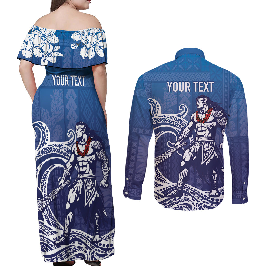 Samoa Manuia le Aso Tuto'atasi Siapo Motif Couples Matching Off Shoulder Maxi Dress and Long Sleeve Button Shirt Warrior with Nifo Oti LT7 - Polynesian Pride