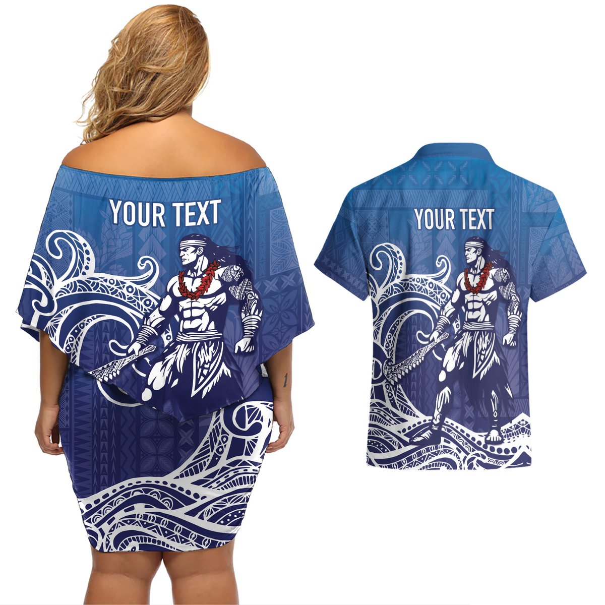 Samoa Manuia le Aso Tuto'atasi Siapo Motif Couples Matching Off Shoulder Short Dress and Hawaiian Shirt Warrior with Nifo Oti LT7 - Polynesian Pride