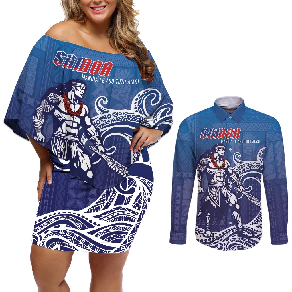 Samoa Manuia le Aso Tuto'atasi Siapo Motif Couples Matching Off Shoulder Short Dress and Long Sleeve Button Shirt Warrior with Nifo Oti LT7 Blue - Polynesian Pride