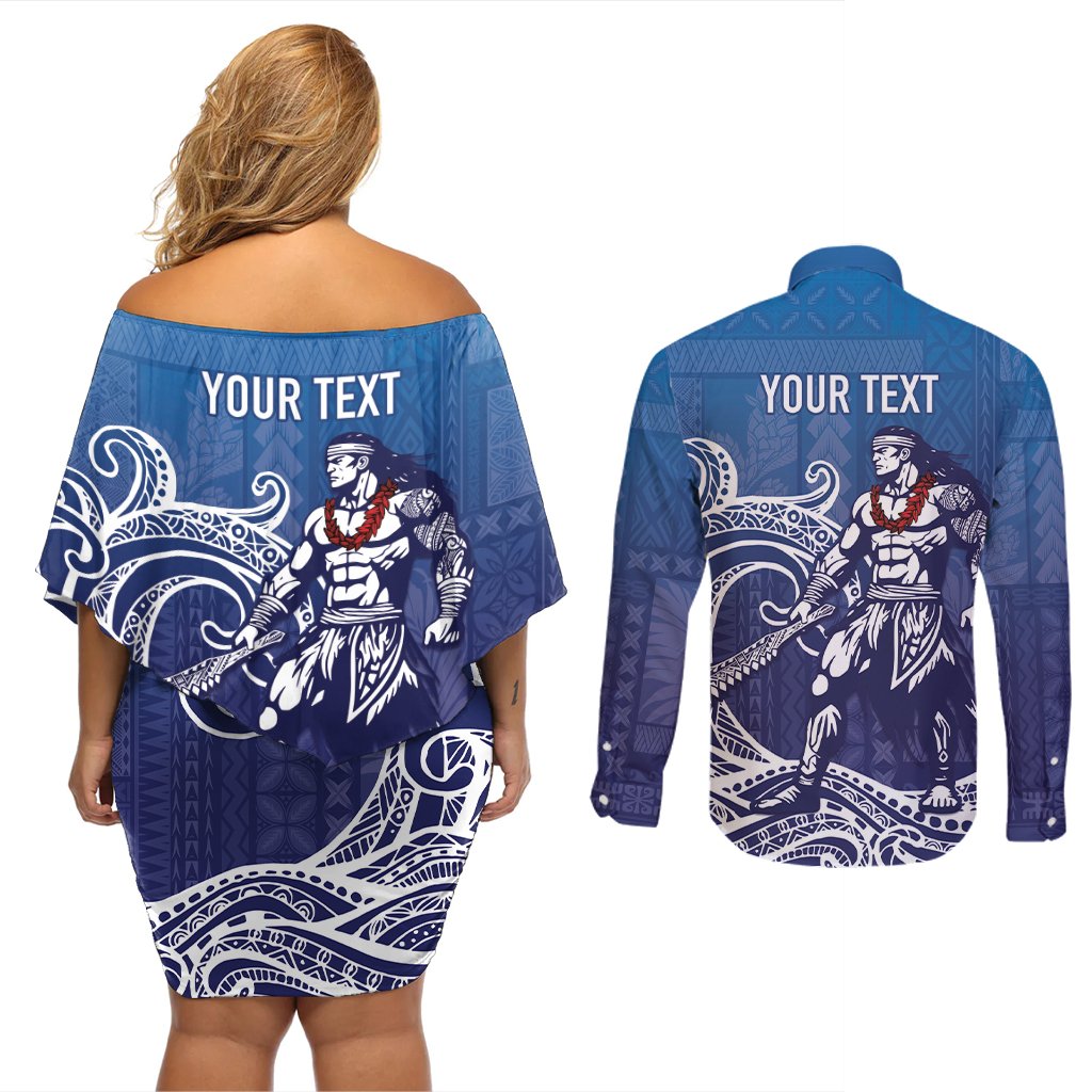 Samoa Manuia le Aso Tuto'atasi Siapo Motif Couples Matching Off Shoulder Short Dress and Long Sleeve Button Shirt Warrior with Nifo Oti LT7 - Polynesian Pride