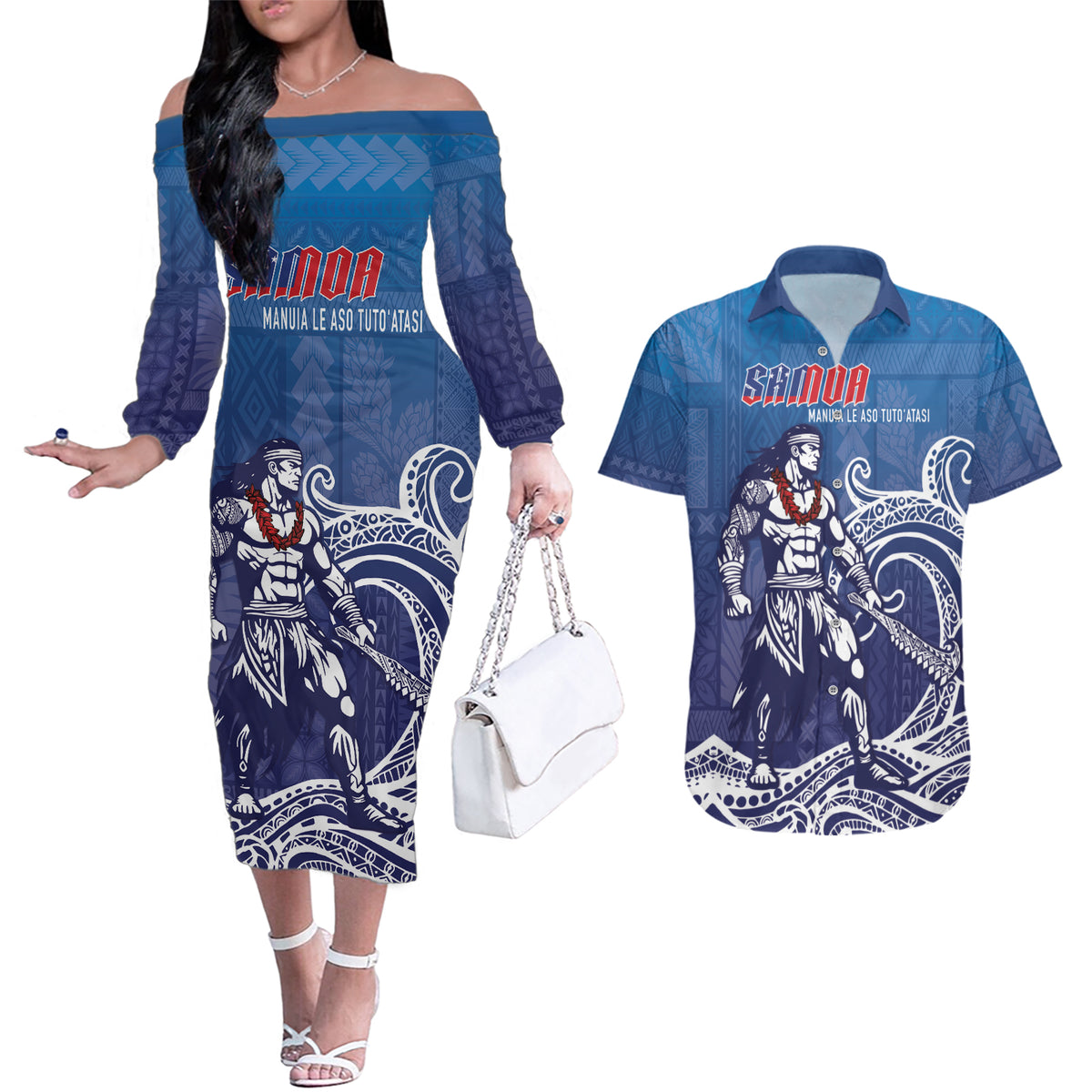 Samoa Manuia le Aso Tuto'atasi Siapo Motif Couples Matching Off The Shoulder Long Sleeve Dress and Hawaiian Shirt Warrior with Nifo Oti LT7 Blue - Polynesian Pride