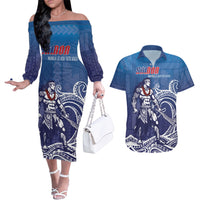 Samoa Manuia le Aso Tuto'atasi Siapo Motif Couples Matching Off The Shoulder Long Sleeve Dress and Hawaiian Shirt Warrior with Nifo Oti LT7 Blue - Polynesian Pride