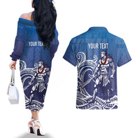 Samoa Manuia le Aso Tuto'atasi Siapo Motif Couples Matching Off The Shoulder Long Sleeve Dress and Hawaiian Shirt Warrior with Nifo Oti LT7 - Polynesian Pride