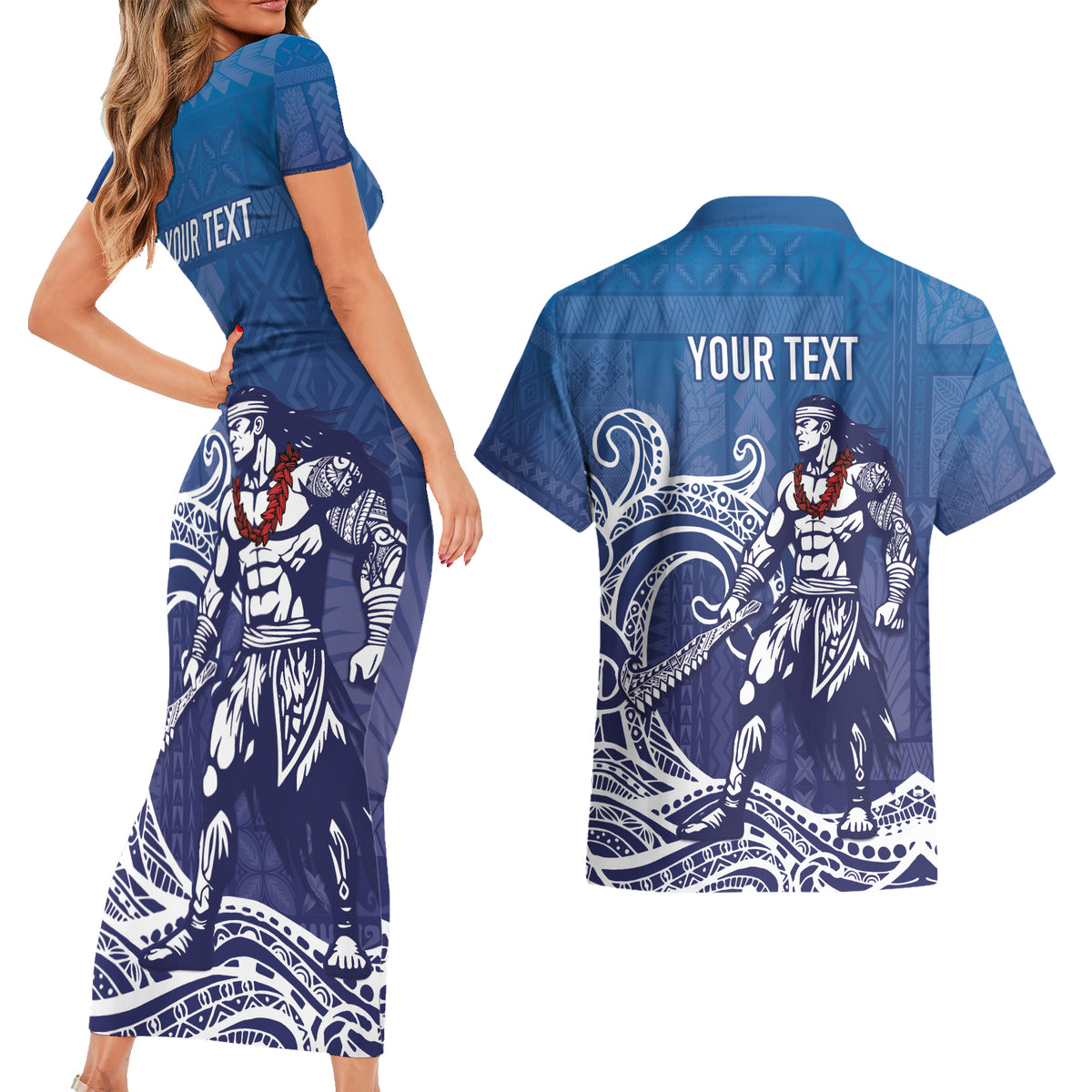 Samoa Manuia le Aso Tuto'atasi Siapo Motif Couples Matching Short Sleeve Bodycon Dress and Hawaiian Shirt Warrior with Nifo Oti LT7 - Polynesian Pride