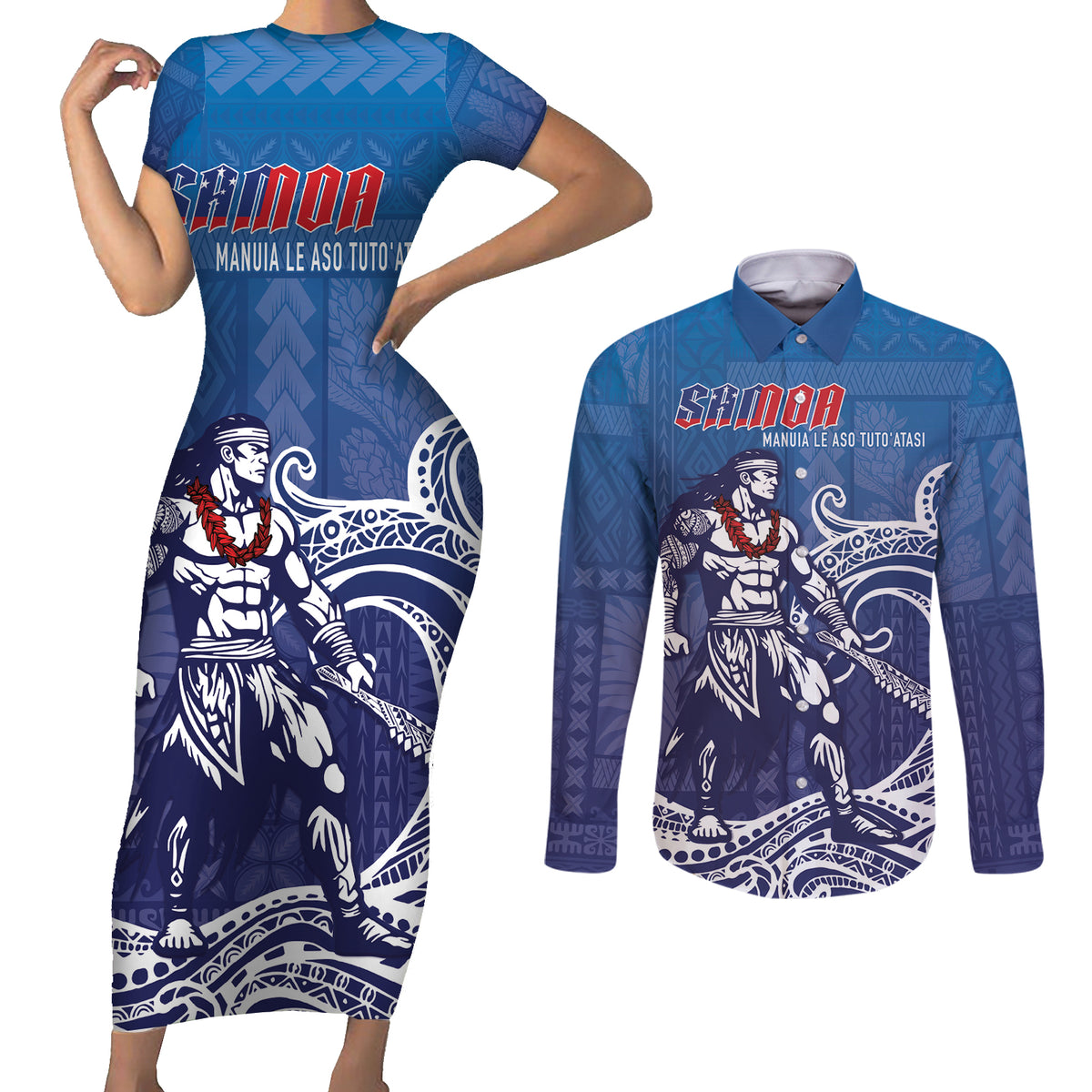 Samoa Manuia le Aso Tuto'atasi Siapo Motif Couples Matching Short Sleeve Bodycon Dress and Long Sleeve Button Shirt Warrior with Nifo Oti LT7 Blue - Polynesian Pride