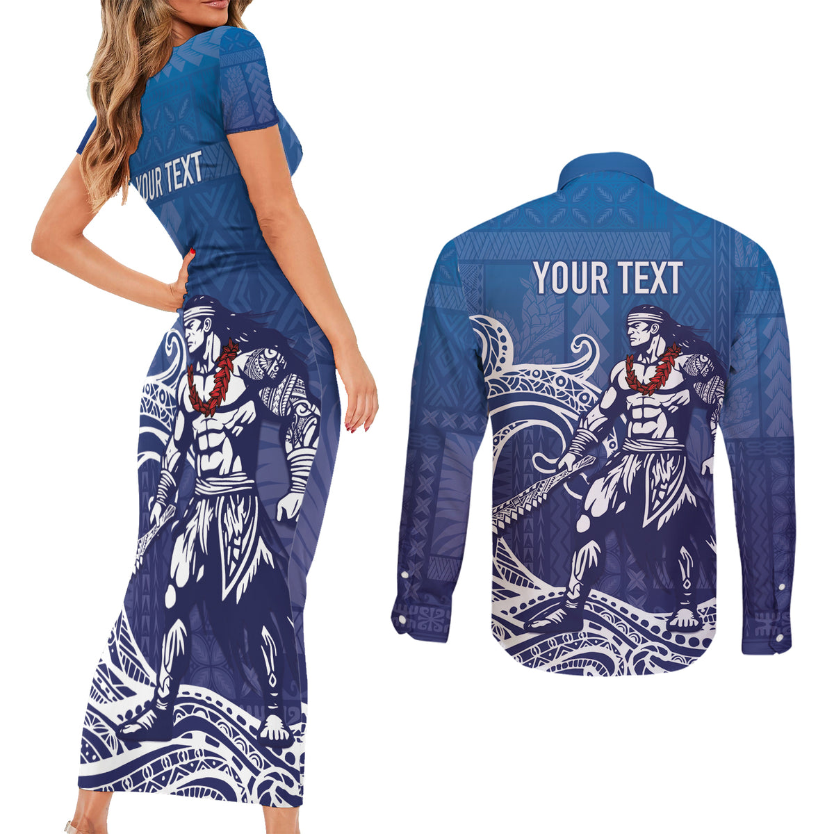 Samoa Manuia le Aso Tuto'atasi Siapo Motif Couples Matching Short Sleeve Bodycon Dress and Long Sleeve Button Shirt Warrior with Nifo Oti LT7 - Polynesian Pride