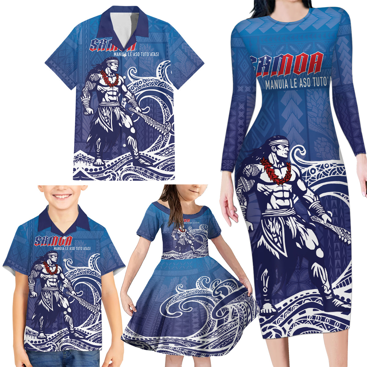 Samoa Manuia le Aso Tuto'atasi Siapo Motif Family Matching Long Sleeve Bodycon Dress and Hawaiian Shirt Warrior with Nifo Oti LT7 - Polynesian Pride