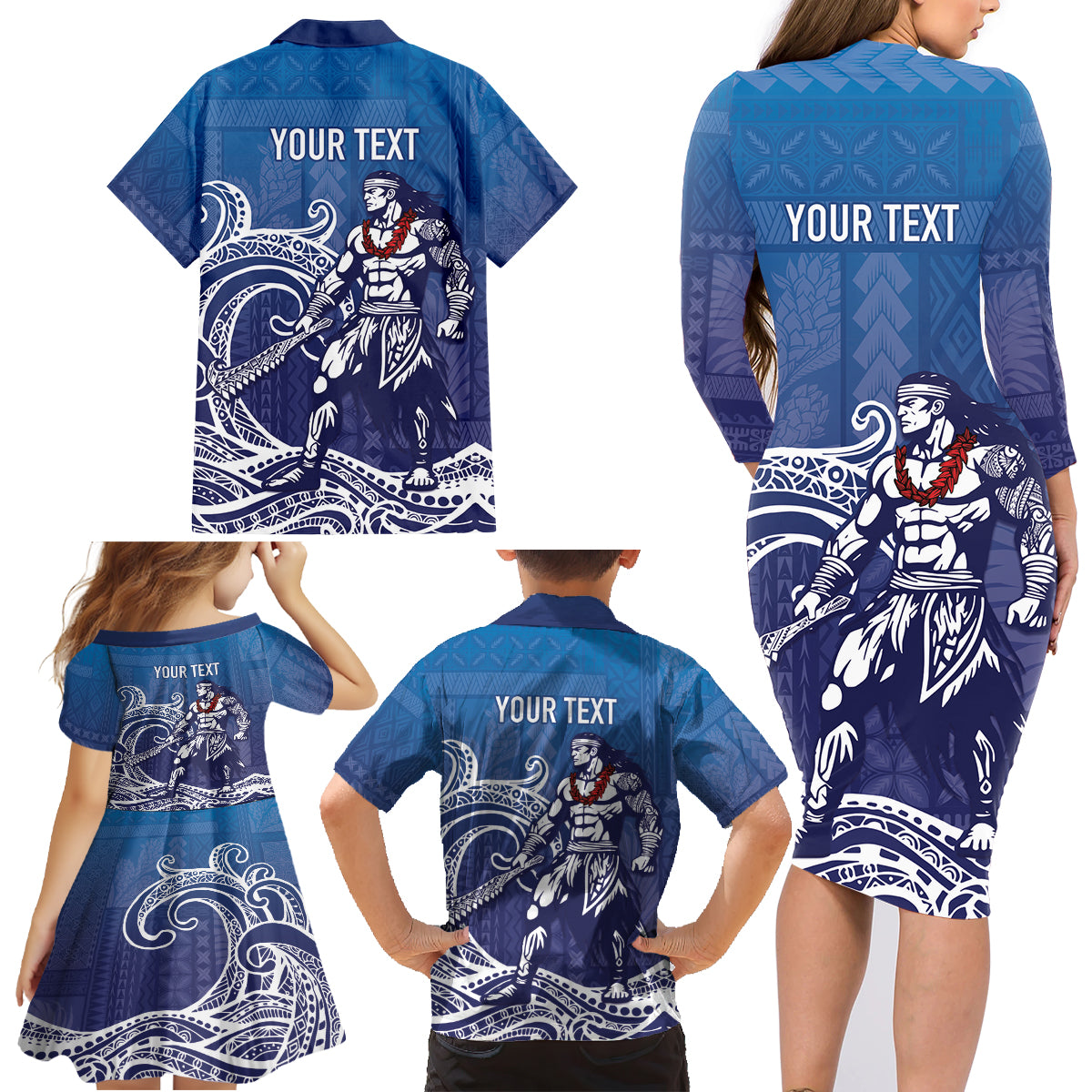 Samoa Manuia le Aso Tuto'atasi Siapo Motif Family Matching Long Sleeve Bodycon Dress and Hawaiian Shirt Warrior with Nifo Oti LT7 - Polynesian Pride