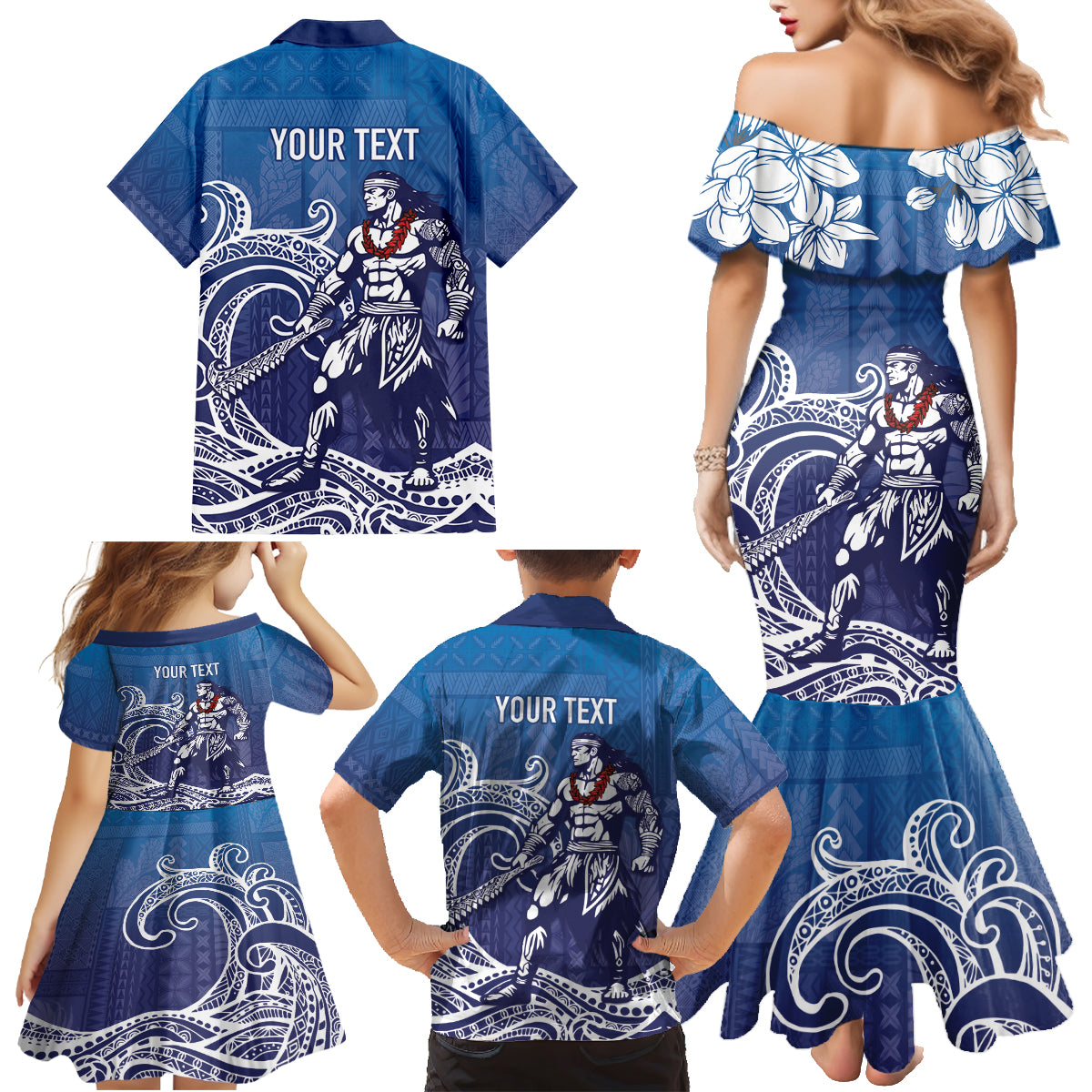Samoa Manuia le Aso Tuto'atasi Siapo Motif Family Matching Mermaid Dress and Hawaiian Shirt Warrior with Nifo Oti LT7 - Polynesian Pride