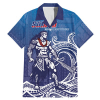 Samoa Manuia le Aso Tuto'atasi Siapo Motif Family Matching Mermaid Dress and Hawaiian Shirt Warrior with Nifo Oti LT7 Dad's Shirt - Short Sleeve Blue - Polynesian Pride