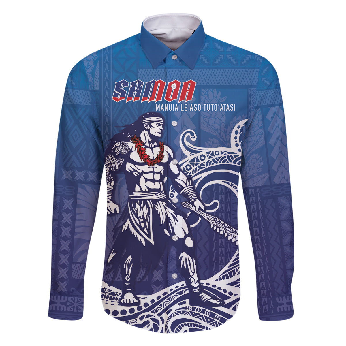 Samoa Manuia le Aso Tuto'atasi Siapo Motif Family Matching Mermaid Dress and Hawaiian Shirt Warrior with Nifo Oti LT7 Dad's Shirt - Long Sleeve Blue - Polynesian Pride
