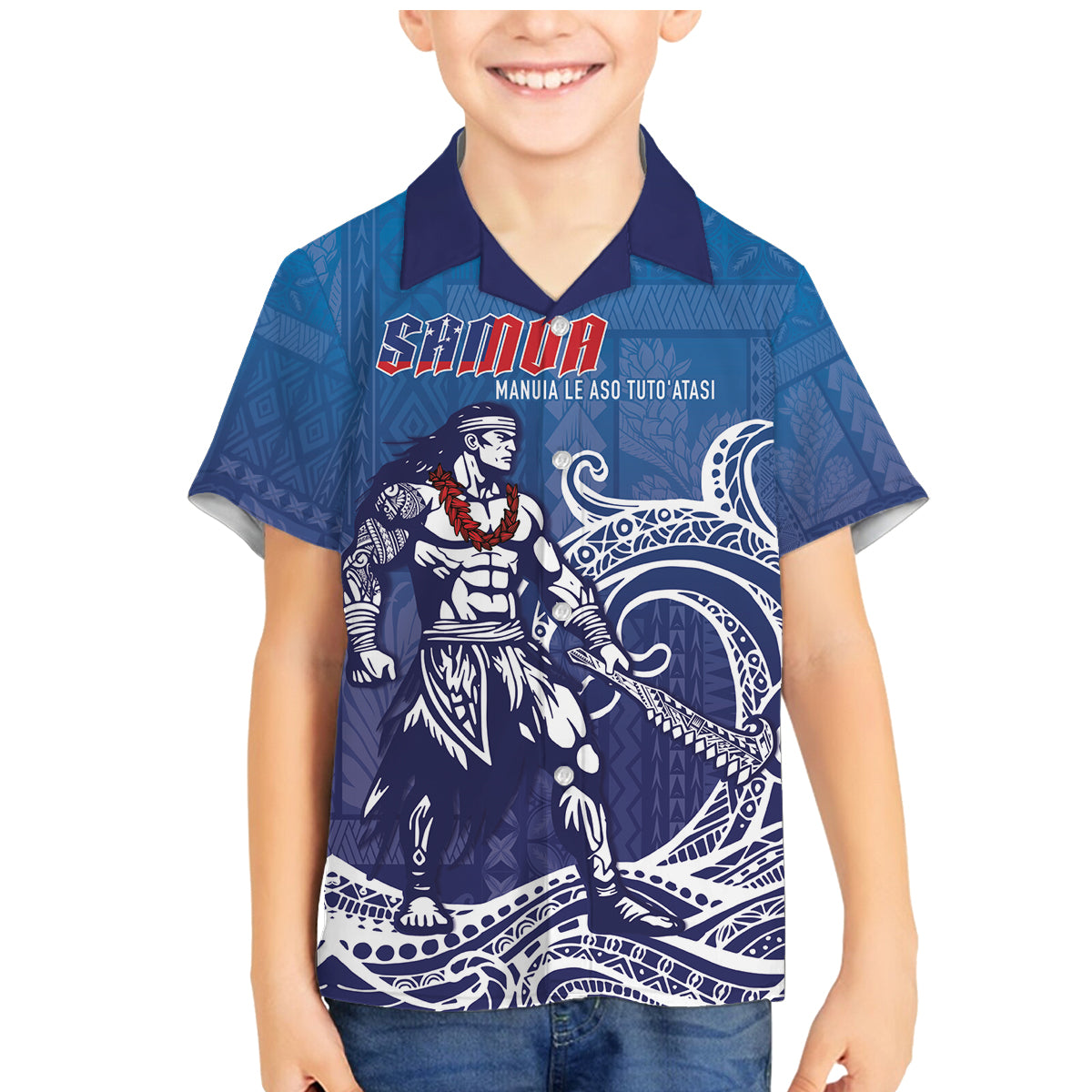 Samoa Manuia le Aso Tuto'atasi Siapo Motif Family Matching Mermaid Dress and Hawaiian Shirt Warrior with Nifo Oti LT7 Son's Shirt Blue - Polynesian Pride