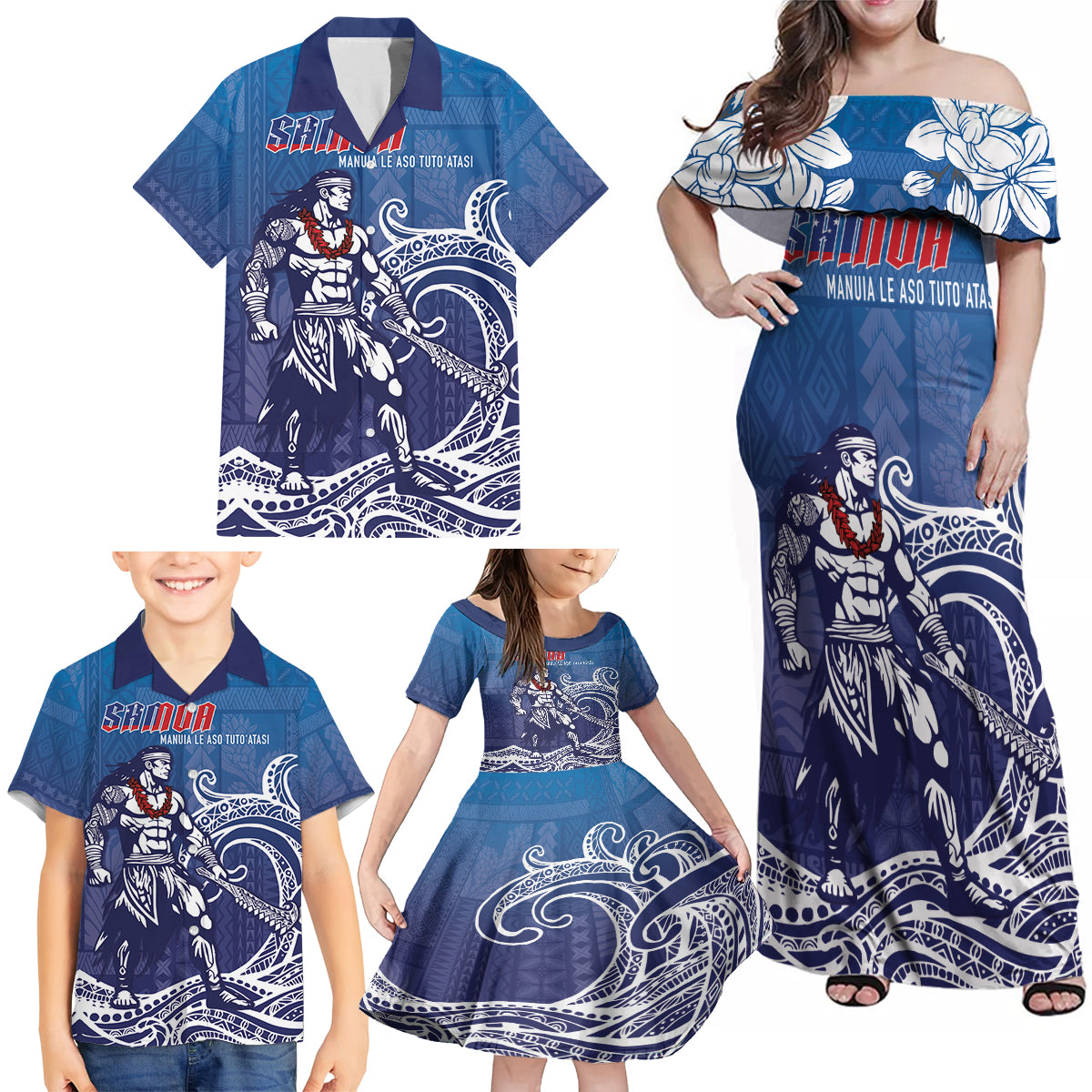 Samoa Manuia le Aso Tuto'atasi Siapo Motif Family Matching Off Shoulder Maxi Dress and Hawaiian Shirt Warrior with Nifo Oti LT7 - Polynesian Pride