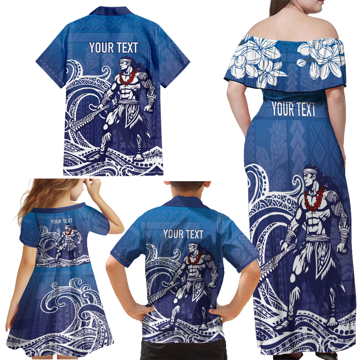 Samoa Manuia le Aso Tuto'atasi Siapo Motif Family Matching Off Shoulder Maxi Dress and Hawaiian Shirt Warrior with Nifo Oti LT7 - Polynesian Pride