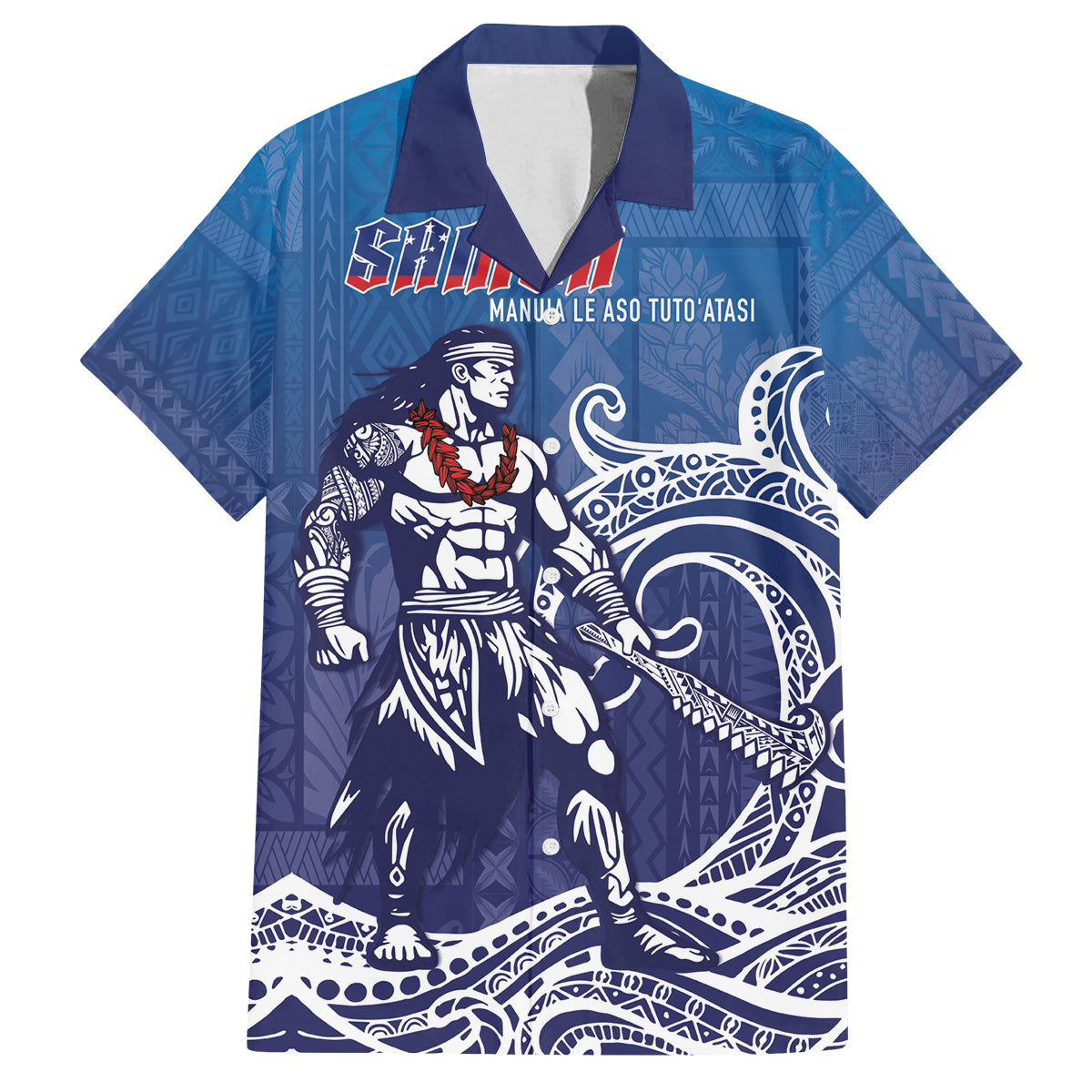 Samoa Manuia le Aso Tuto'atasi Siapo Motif Family Matching Off Shoulder Maxi Dress and Hawaiian Shirt Warrior with Nifo Oti LT7 Dad's Shirt - Short Sleeve Blue - Polynesian Pride