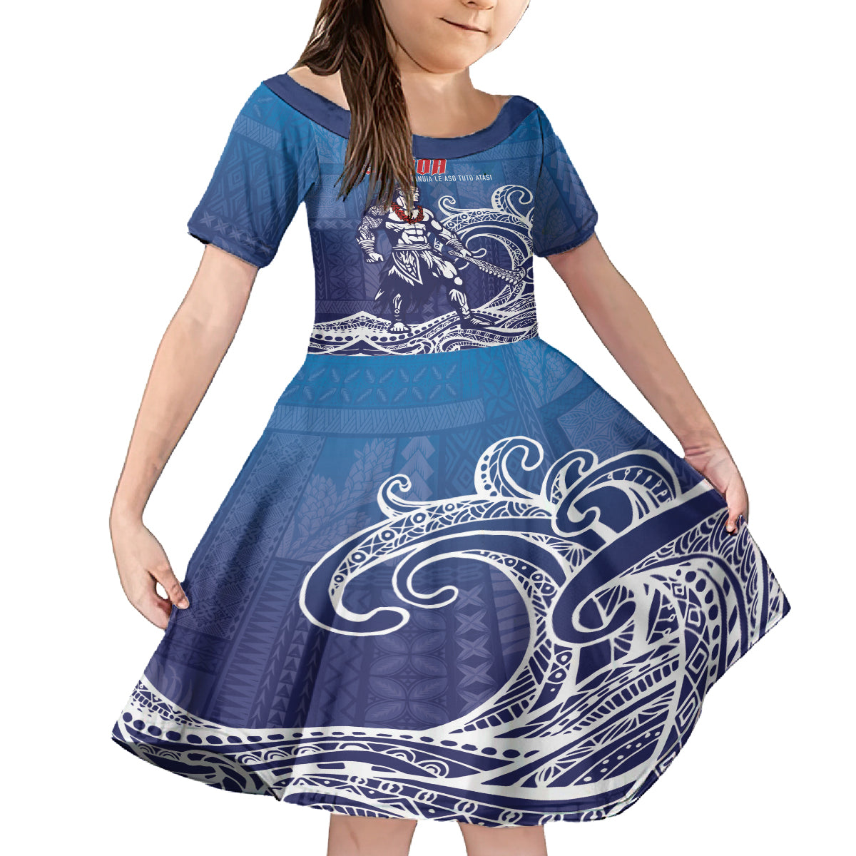 Samoa Manuia le Aso Tuto'atasi Siapo Motif Family Matching Off Shoulder Short Dress and Hawaiian Shirt Warrior with Nifo Oti LT7 Daughter's Dress Blue - Polynesian Pride
