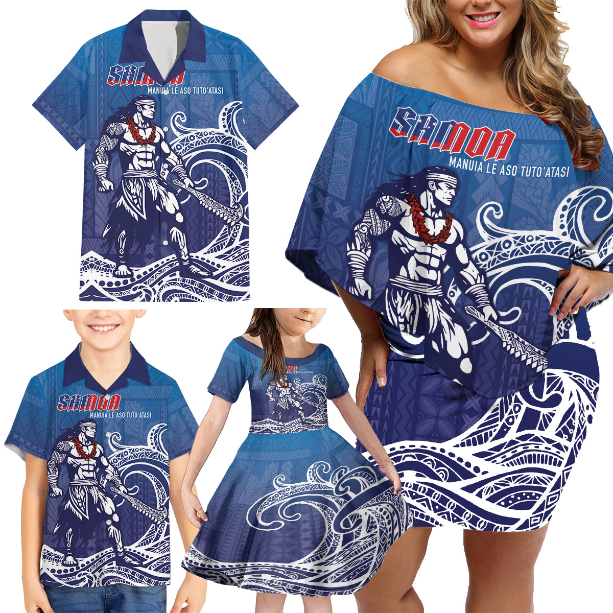 Samoa Manuia le Aso Tuto'atasi Siapo Motif Family Matching Off Shoulder Short Dress and Hawaiian Shirt Warrior with Nifo Oti LT7 - Polynesian Pride