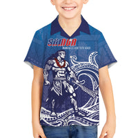 Samoa Manuia le Aso Tuto'atasi Siapo Motif Family Matching Off Shoulder Short Dress and Hawaiian Shirt Warrior with Nifo Oti LT7 Son's Shirt Blue - Polynesian Pride