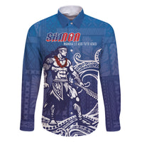 Samoa Manuia le Aso Tuto'atasi Siapo Motif Family Matching Puletasi and Hawaiian Shirt Warrior with Nifo Oti LT7 Dad's Shirt - Long Sleeve Blue - Polynesian Pride