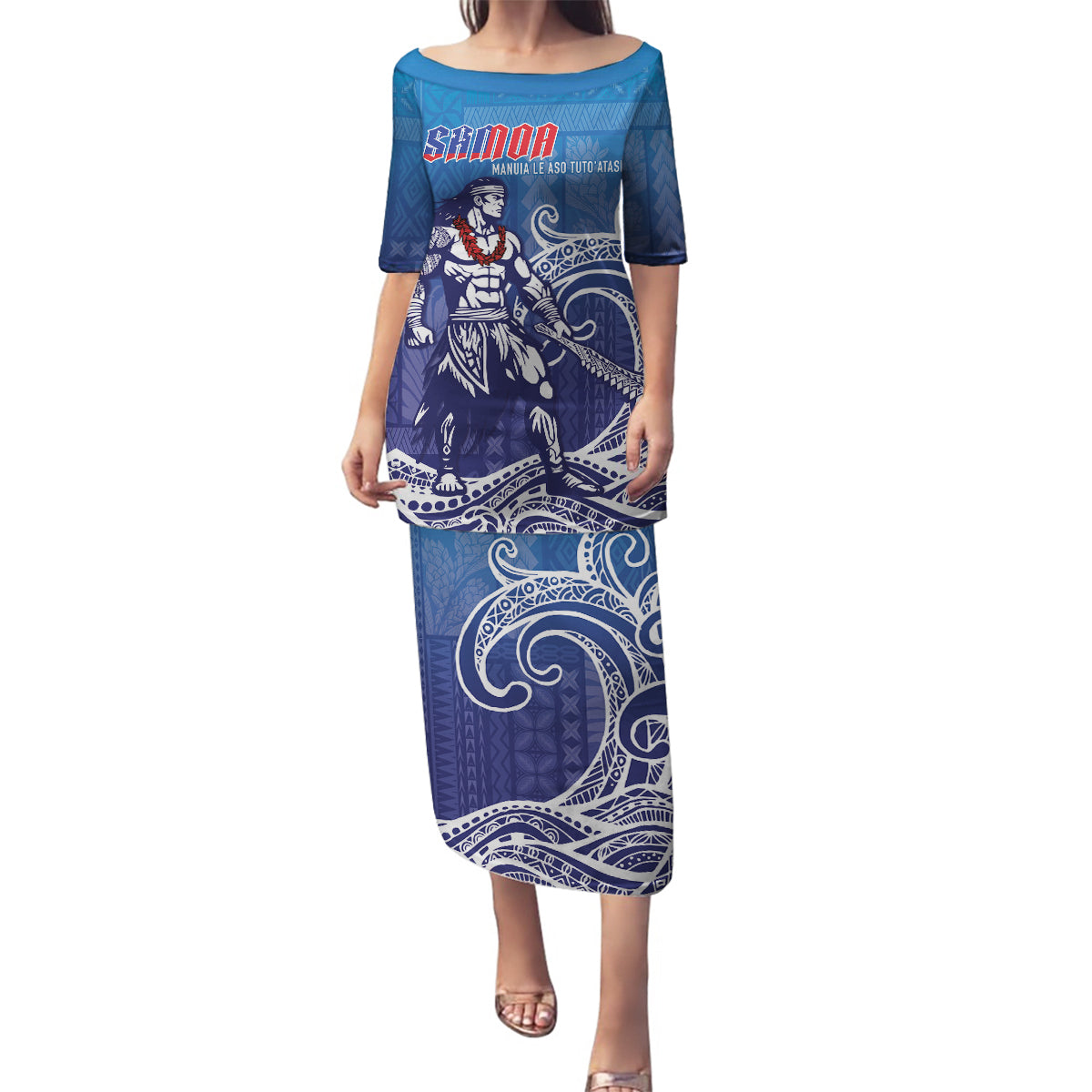 Samoa Manuia le Aso Tuto'atasi Siapo Motif Family Matching Puletasi and Hawaiian Shirt Warrior with Nifo Oti LT7 Mom's Dress Blue - Polynesian Pride