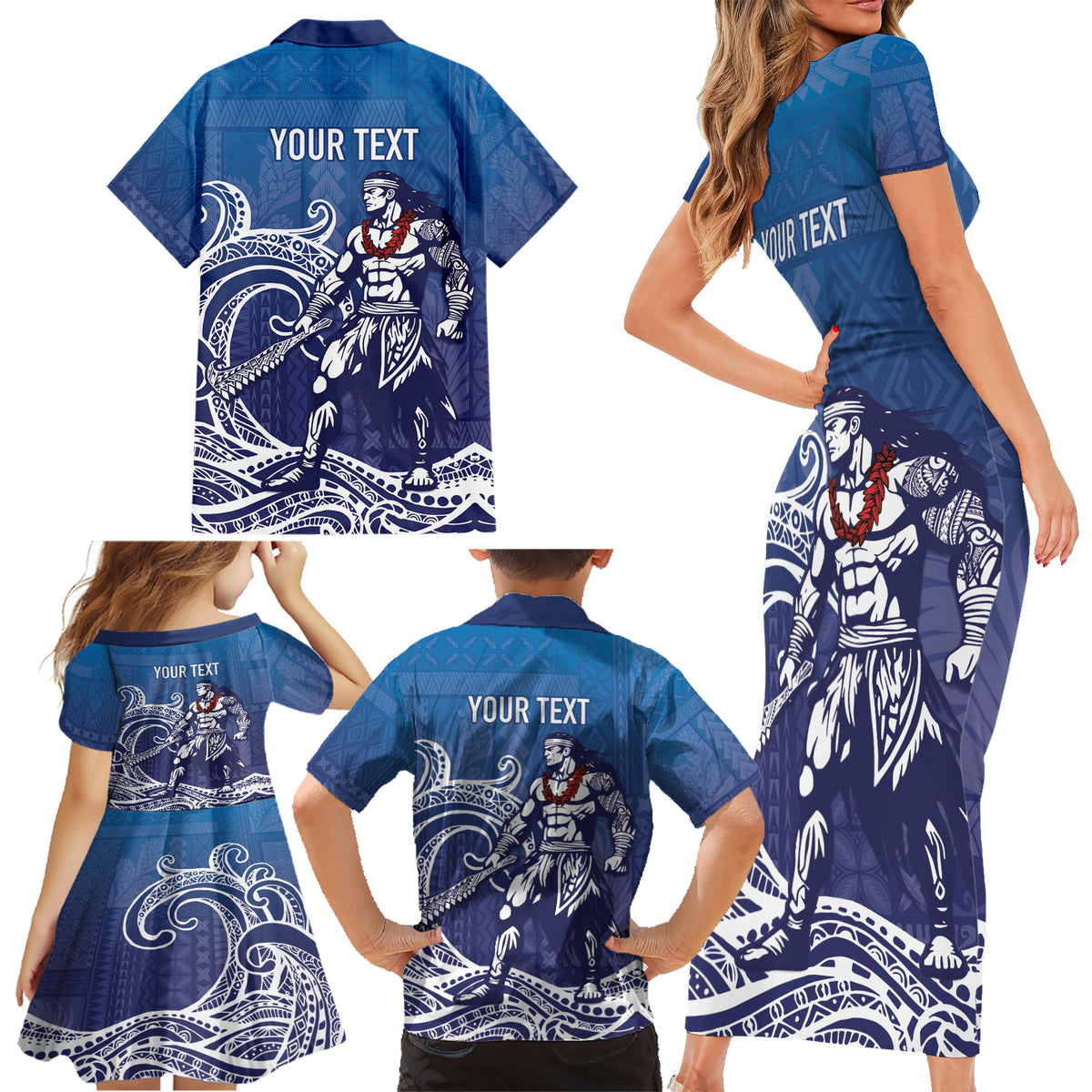 Samoa Manuia le Aso Tuto'atasi Siapo Motif Family Matching Short Sleeve Bodycon Dress and Hawaiian Shirt Warrior with Nifo Oti LT7 - Polynesian Pride