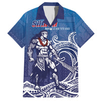 Samoa Manuia le Aso Tuto'atasi Siapo Motif Family Matching Short Sleeve Bodycon Dress and Hawaiian Shirt Warrior with Nifo Oti LT7 Dad's Shirt - Short Sleeve Blue - Polynesian Pride