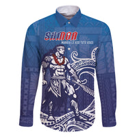 Samoa Manuia le Aso Tuto'atasi Siapo Motif Family Matching Short Sleeve Bodycon Dress and Hawaiian Shirt Warrior with Nifo Oti LT7 Dad's Shirt - Long Sleeve Blue - Polynesian Pride
