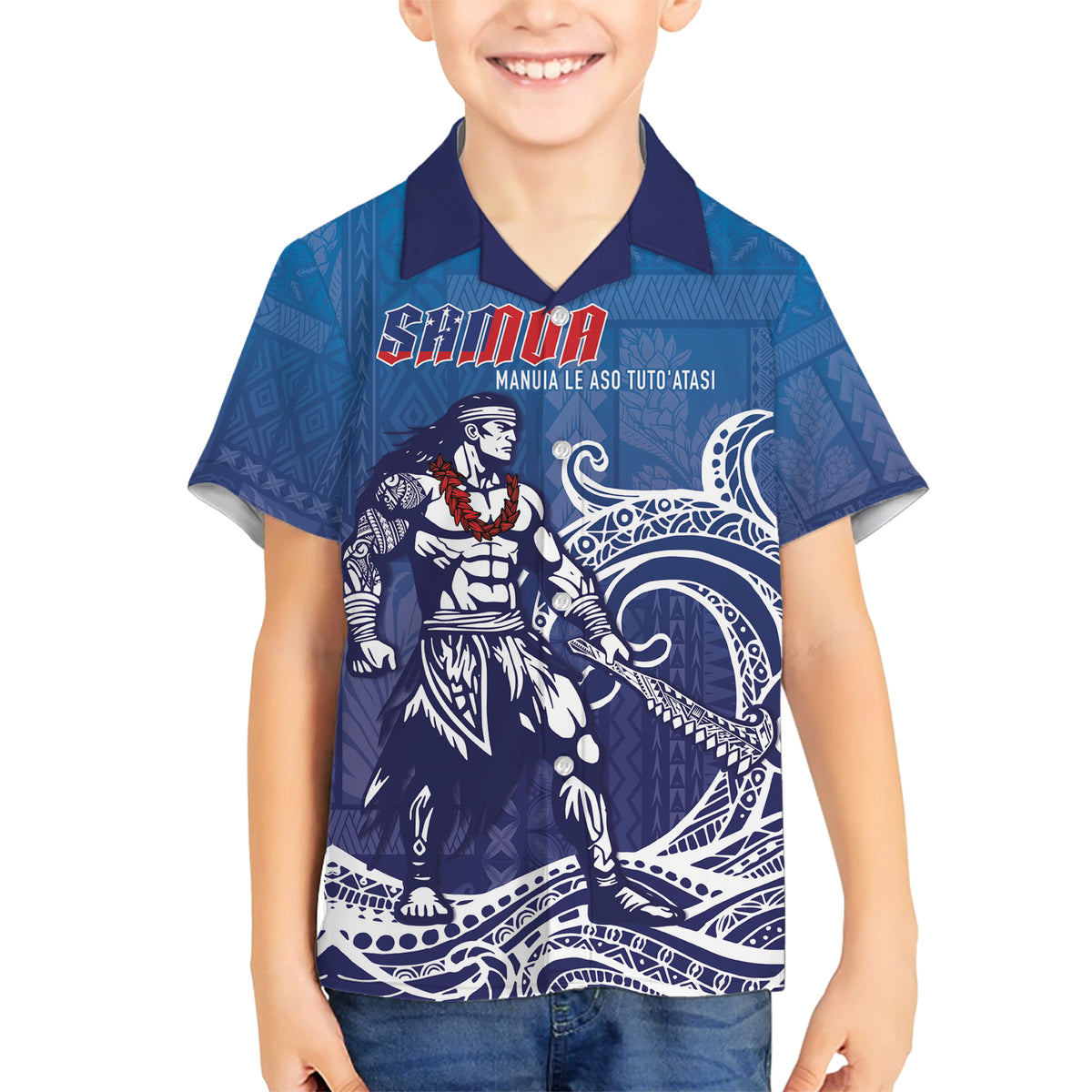 Samoa Manuia le Aso Tuto'atasi Siapo Motif Family Matching Short Sleeve Bodycon Dress and Hawaiian Shirt Warrior with Nifo Oti LT7 Son's Shirt Blue - Polynesian Pride