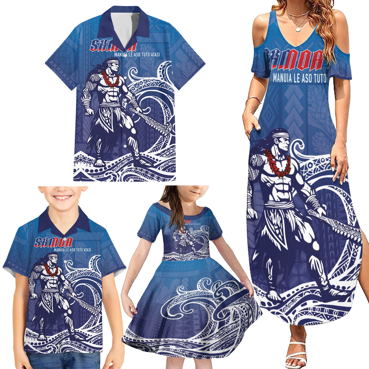 Samoa Manuia le Aso Tuto'atasi Siapo Motif Family Matching Summer Maxi Dress and Hawaiian Shirt Warrior with Nifo Oti LT7 - Polynesian Pride
