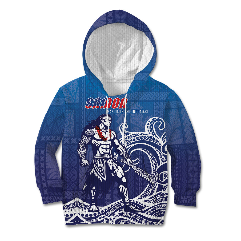 Samoa Manuia le Aso Tuto'atasi Siapo Motif Kid Hoodie Warrior with Nifo Oti LT7 Hoodie Blue - Polynesian Pride