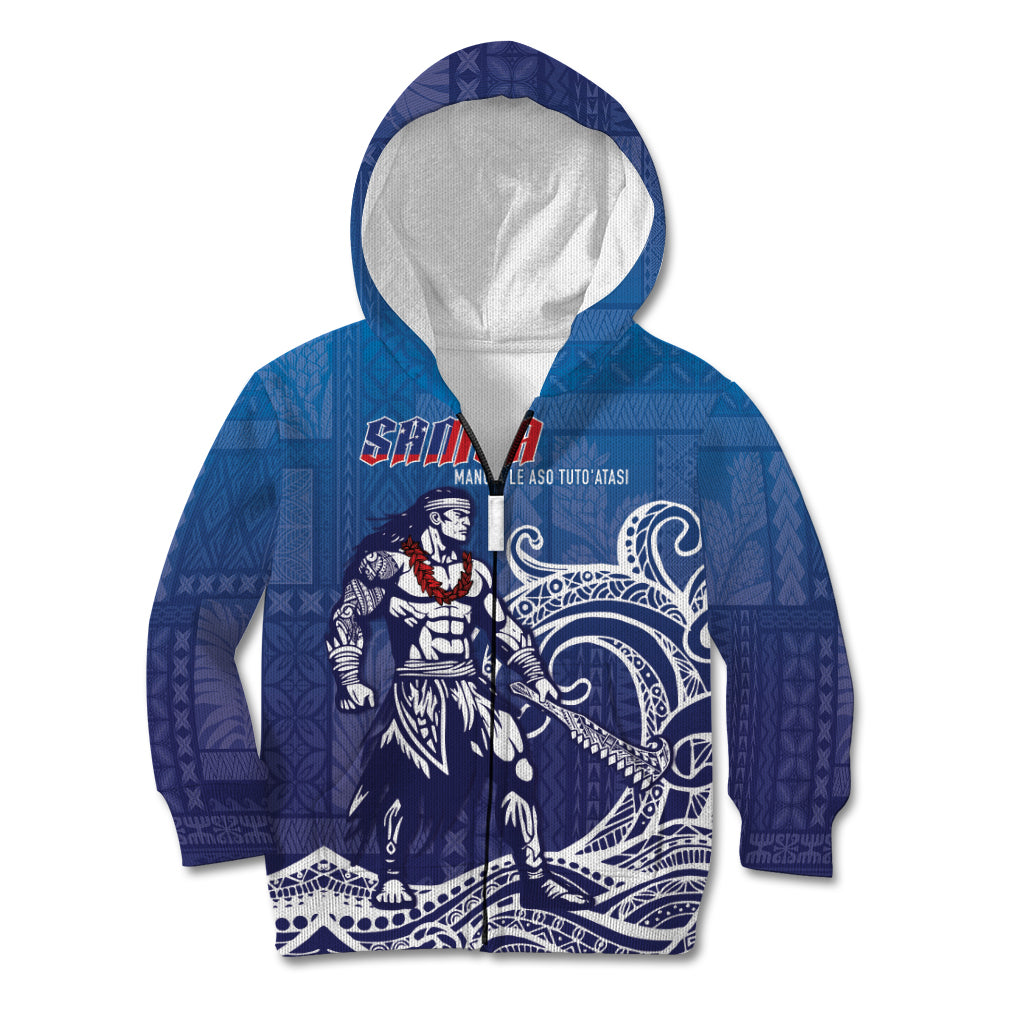 Samoa Manuia le Aso Tuto'atasi Siapo Motif Kid Hoodie Warrior with Nifo Oti LT7 Zip Hoodie Blue - Polynesian Pride