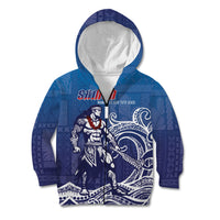 Samoa Manuia le Aso Tuto'atasi Siapo Motif Kid Hoodie Warrior with Nifo Oti LT7 Zip Hoodie Blue - Polynesian Pride